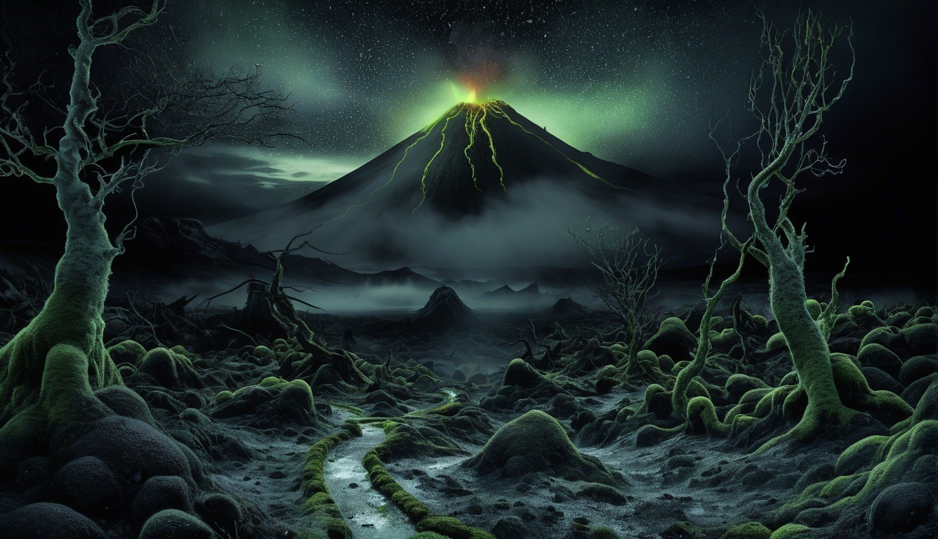 Surreal Landscape with Erupting Volcano and Misty Trees