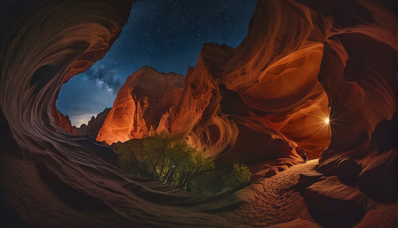 Canyon Landscape with Orange Light and Starry Sky