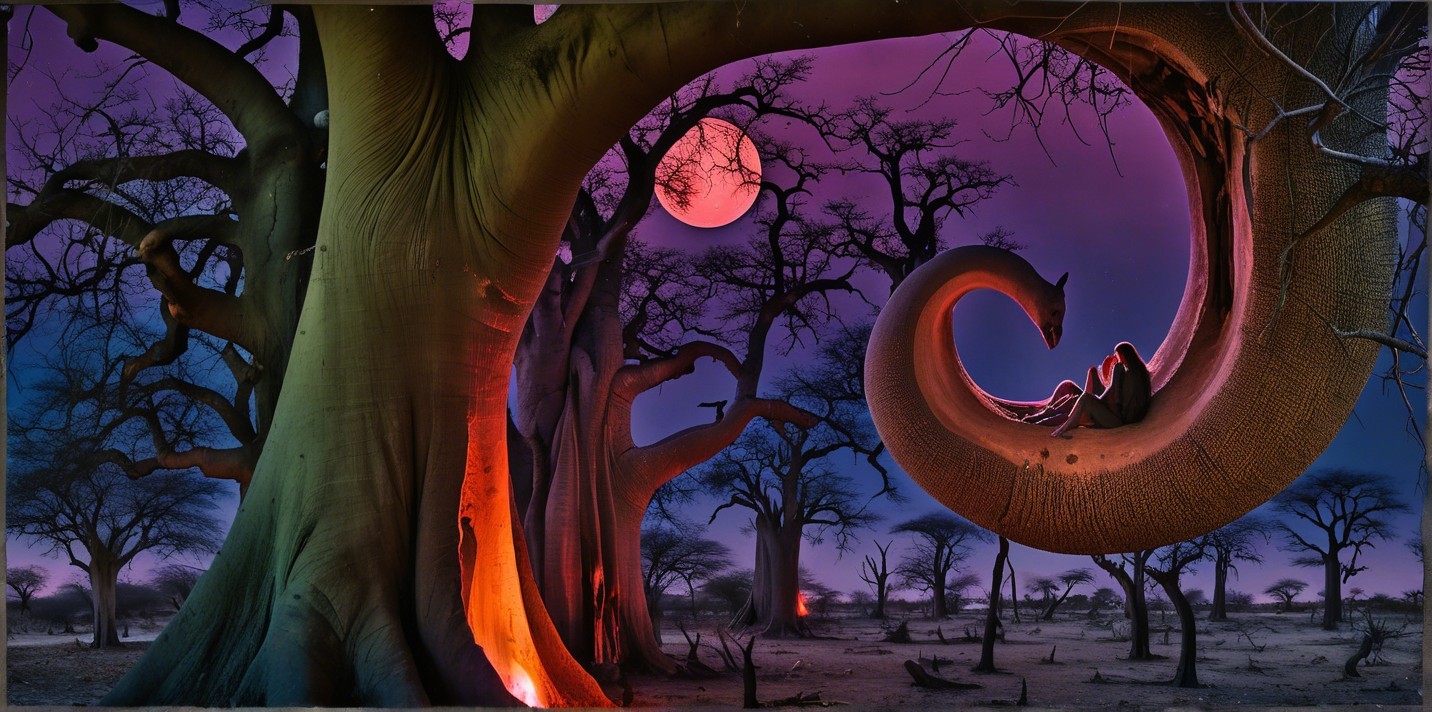Surreal Landscape with Unique Baobab Tree and Moon