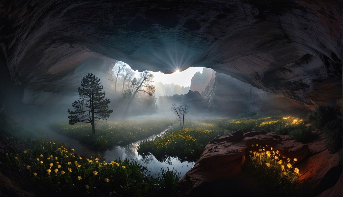 Cave Scene with Sunlight, Flowers, and Mist