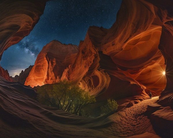 Canyon Landscape with Orange Light and Starry Sky