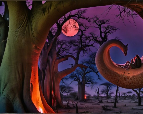 Surreal Landscape with Unique Baobab Tree and Moon