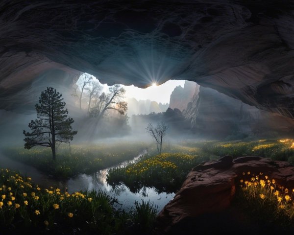 Cave Scene with Sunlight, Flowers, and Mist