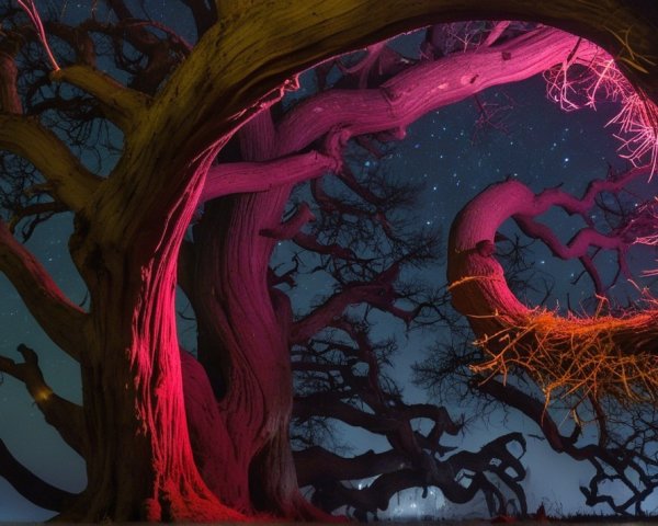 Majestic Tree Under Starry Night with Pink Glow