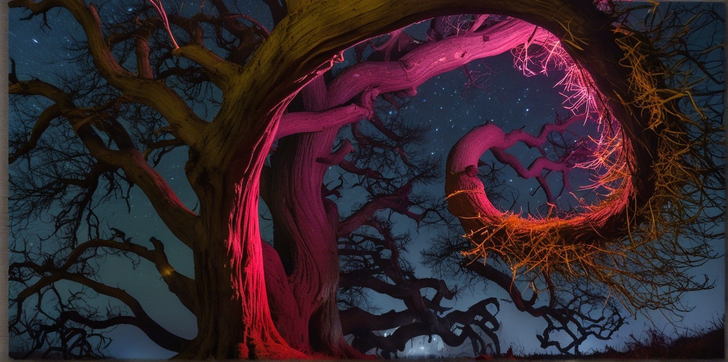 Majestic Tree Under Starry Night with Pink Glow
