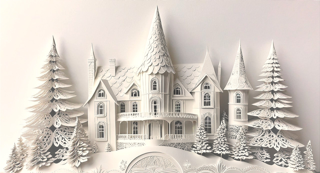 Intricate Paper Art of a White Castle in Snowy Landscape