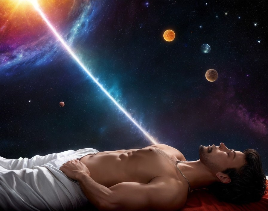 Man in Cosmic Scene with Stars and Planets