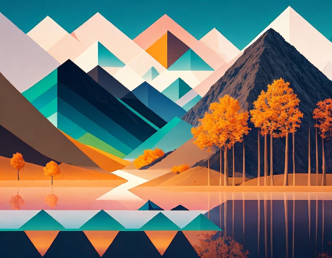 Vibrant Landscape with Geometric Mountains and Lake