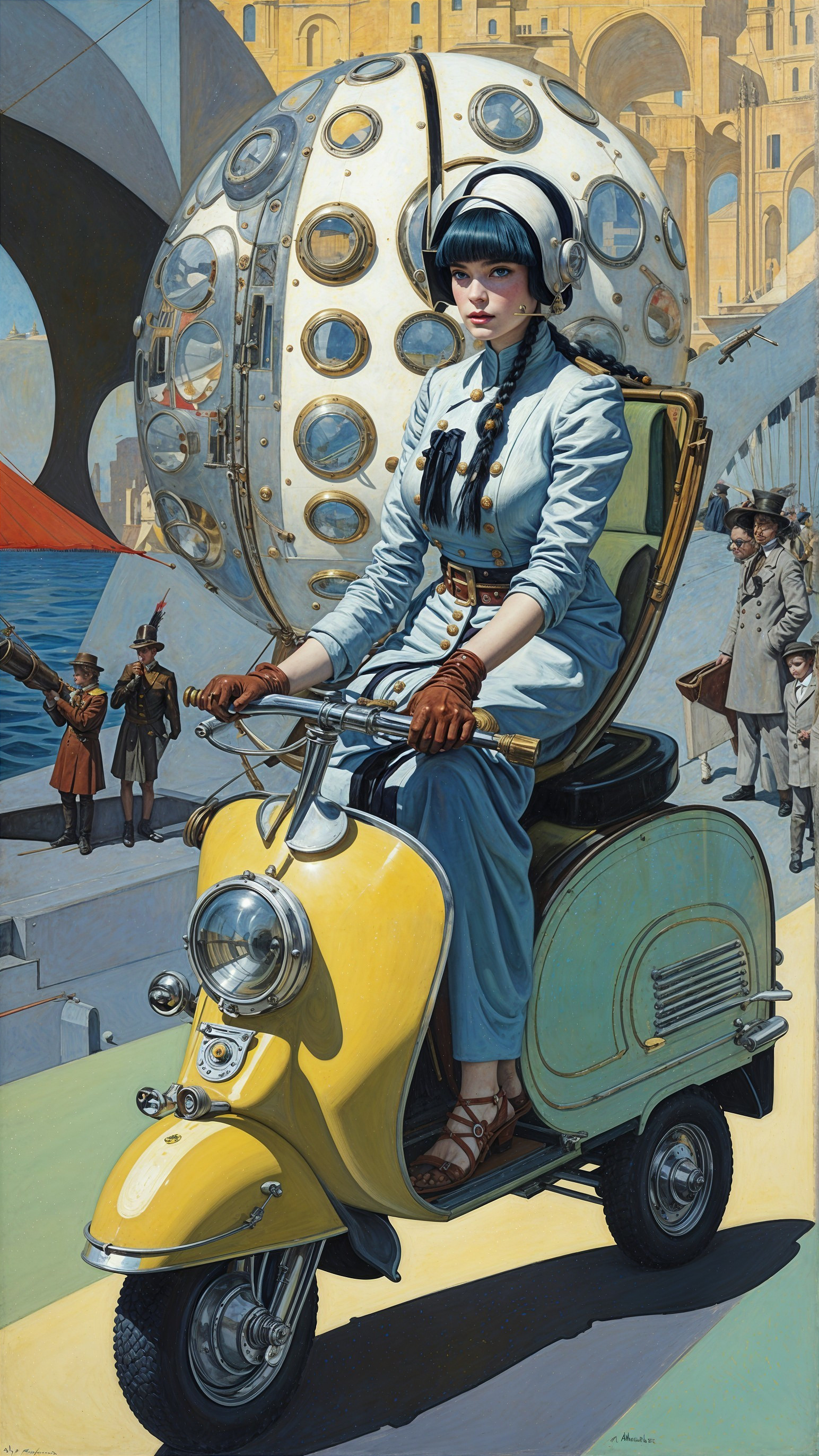 Stylish Woman on Vintage Scooter in Whimsical Scene