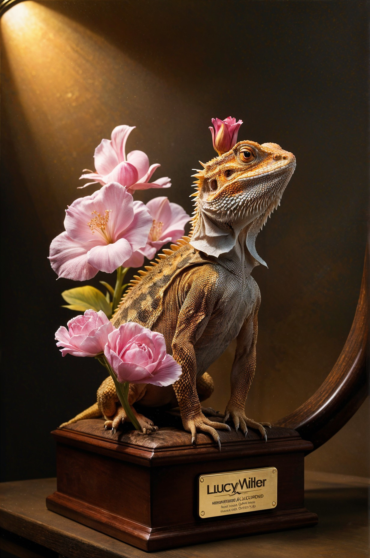 Bearded Dragon on Wooden Pedestal with Flowers