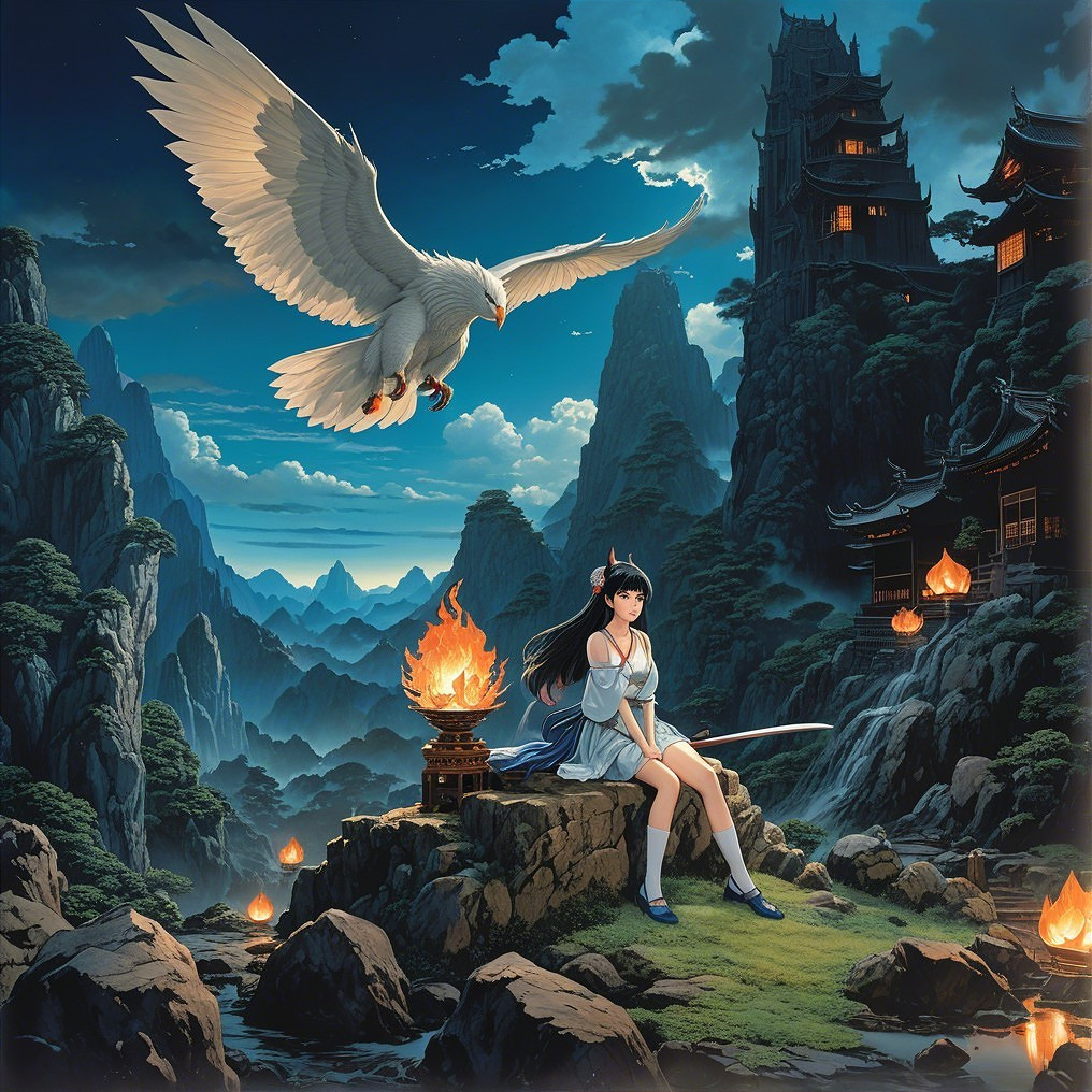 Young woman with sword in mystical landscape at twilight