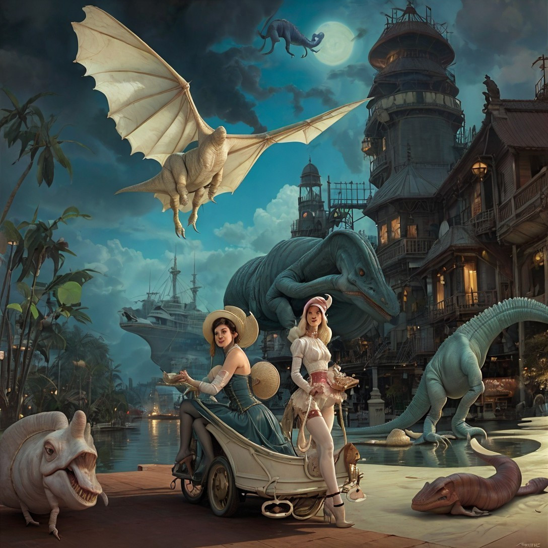 Women in Pedal Car with Dinosaurs at Night