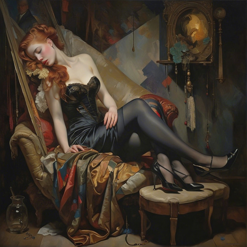 Portrait of a woman in a black corset with red hair