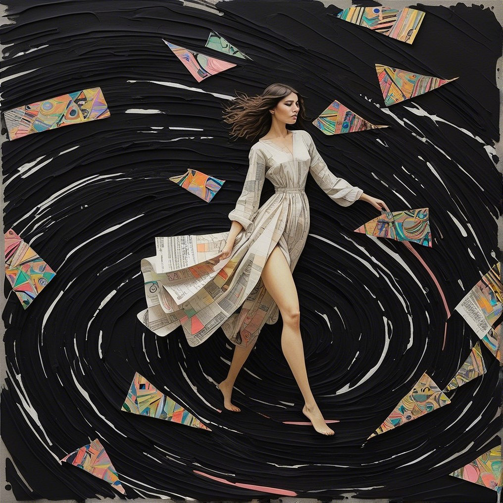 Woman in flowing dress amidst swirling abstract patterns