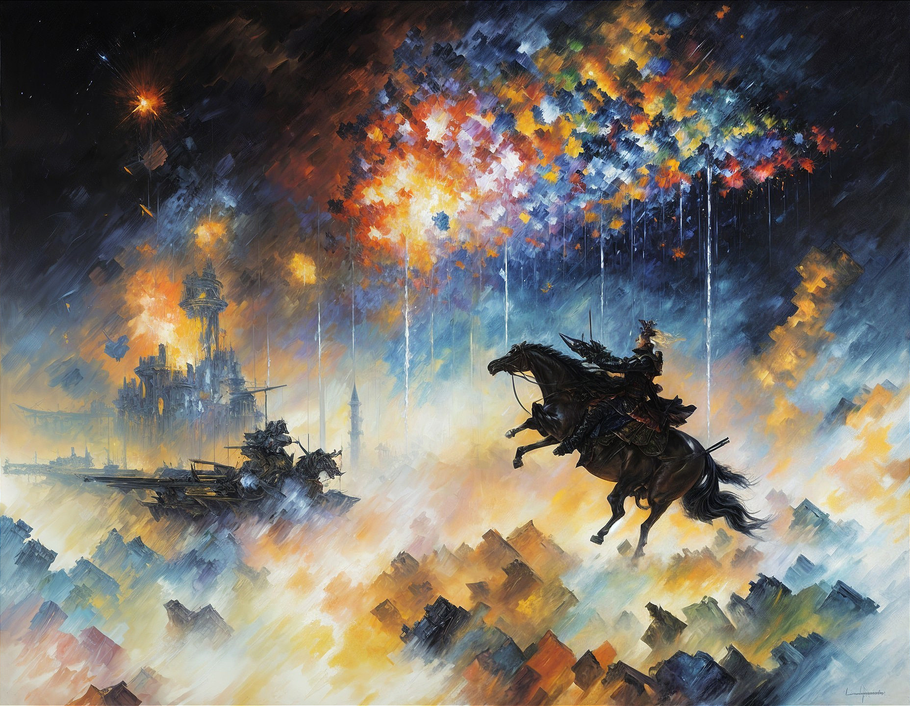 Knight on Horseback with Colorful Sky and Castle