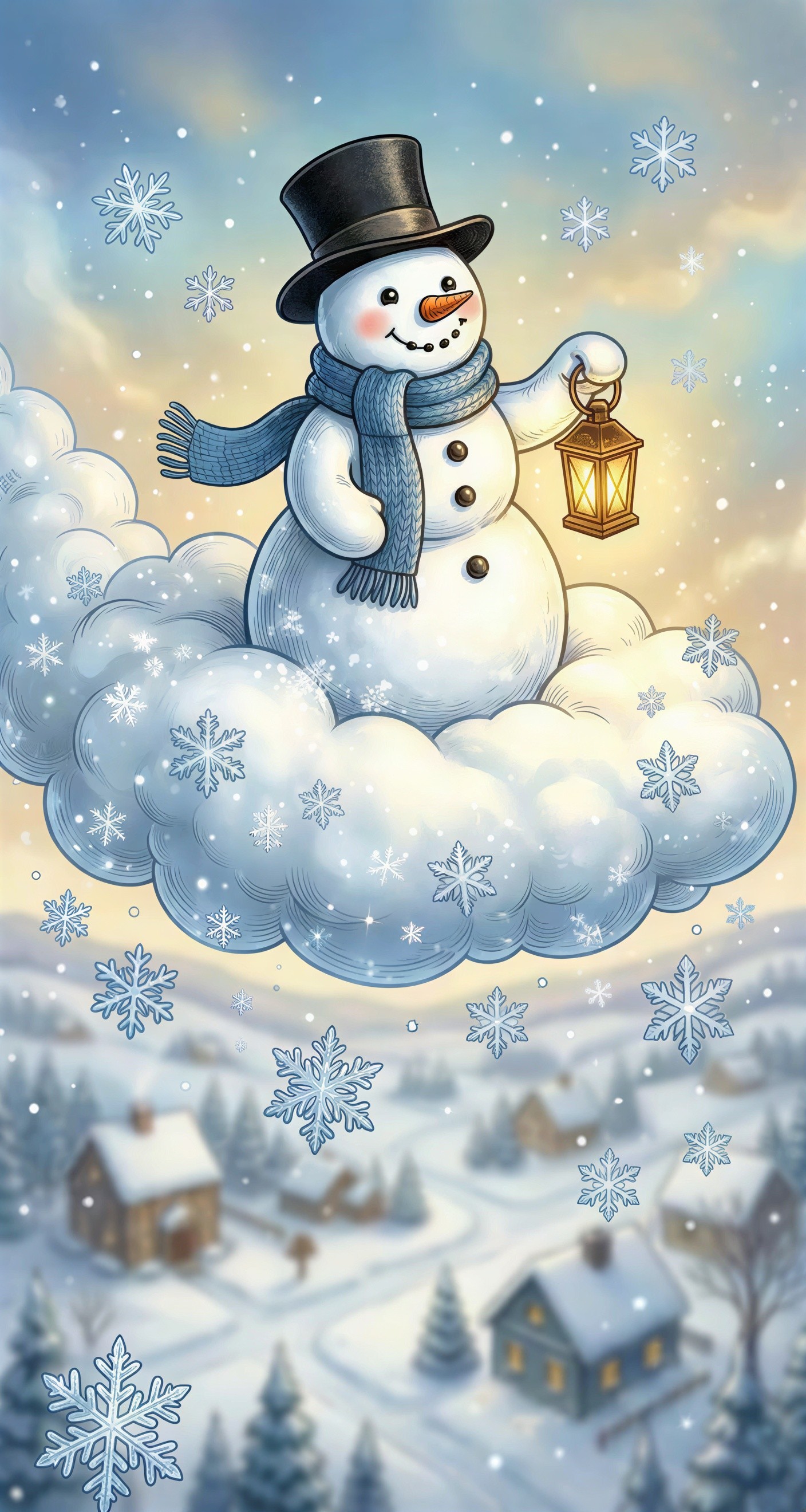 Snowman with Lantern on Cloud Over Snowy Village