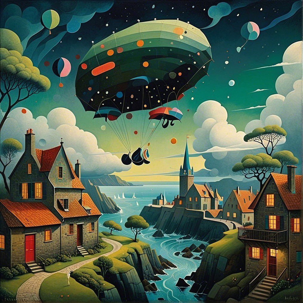 Whimsical Landscape with Colorful Airship and Houses