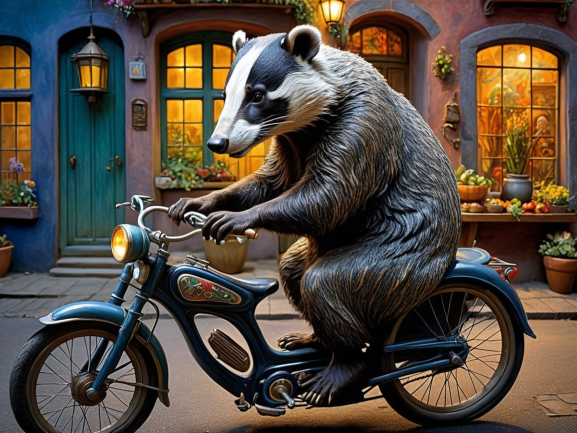 Whimsical Street Scene with Badger on Motorcycle
