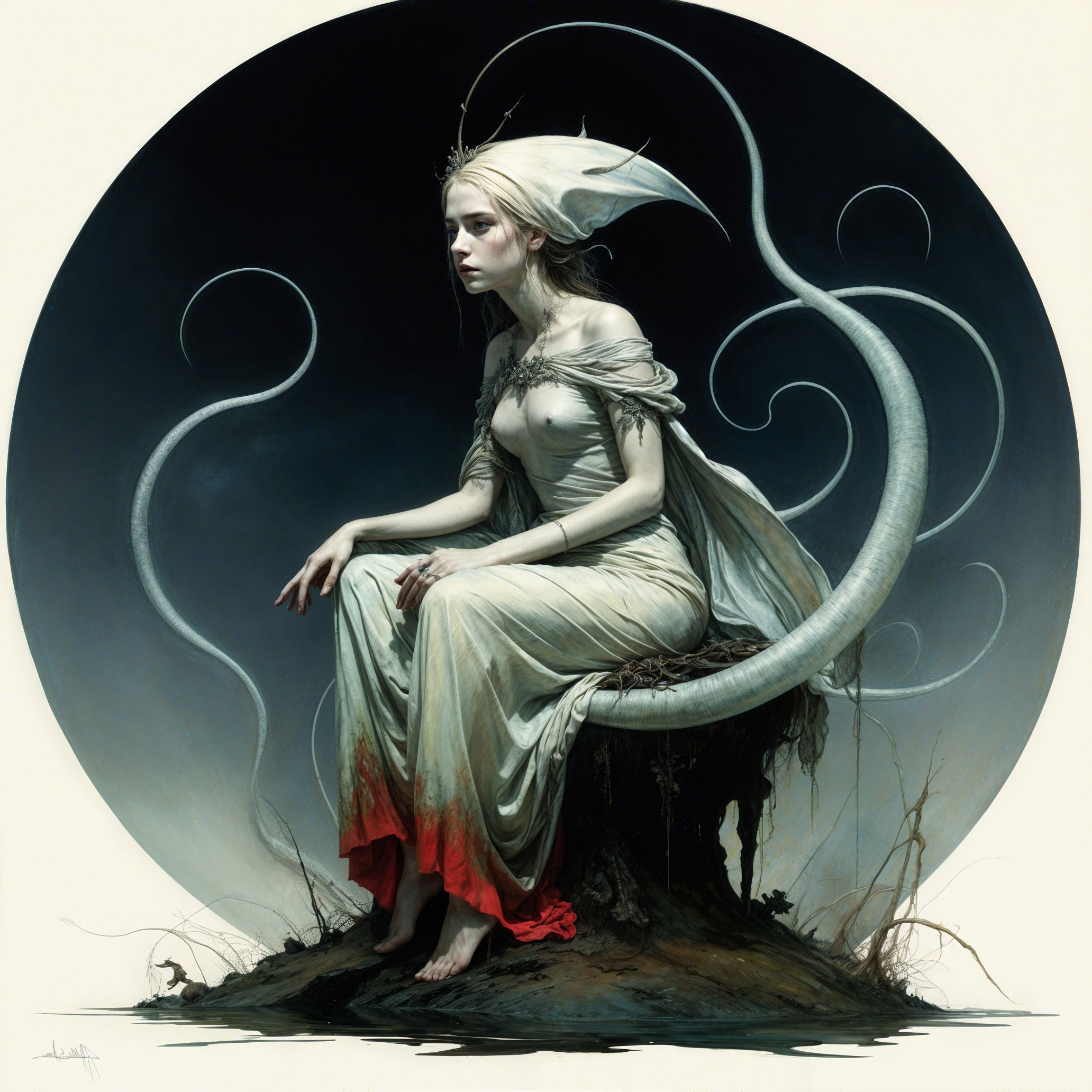 Ethereal Figure on Moss-Covered Stone in Fantasy Scene