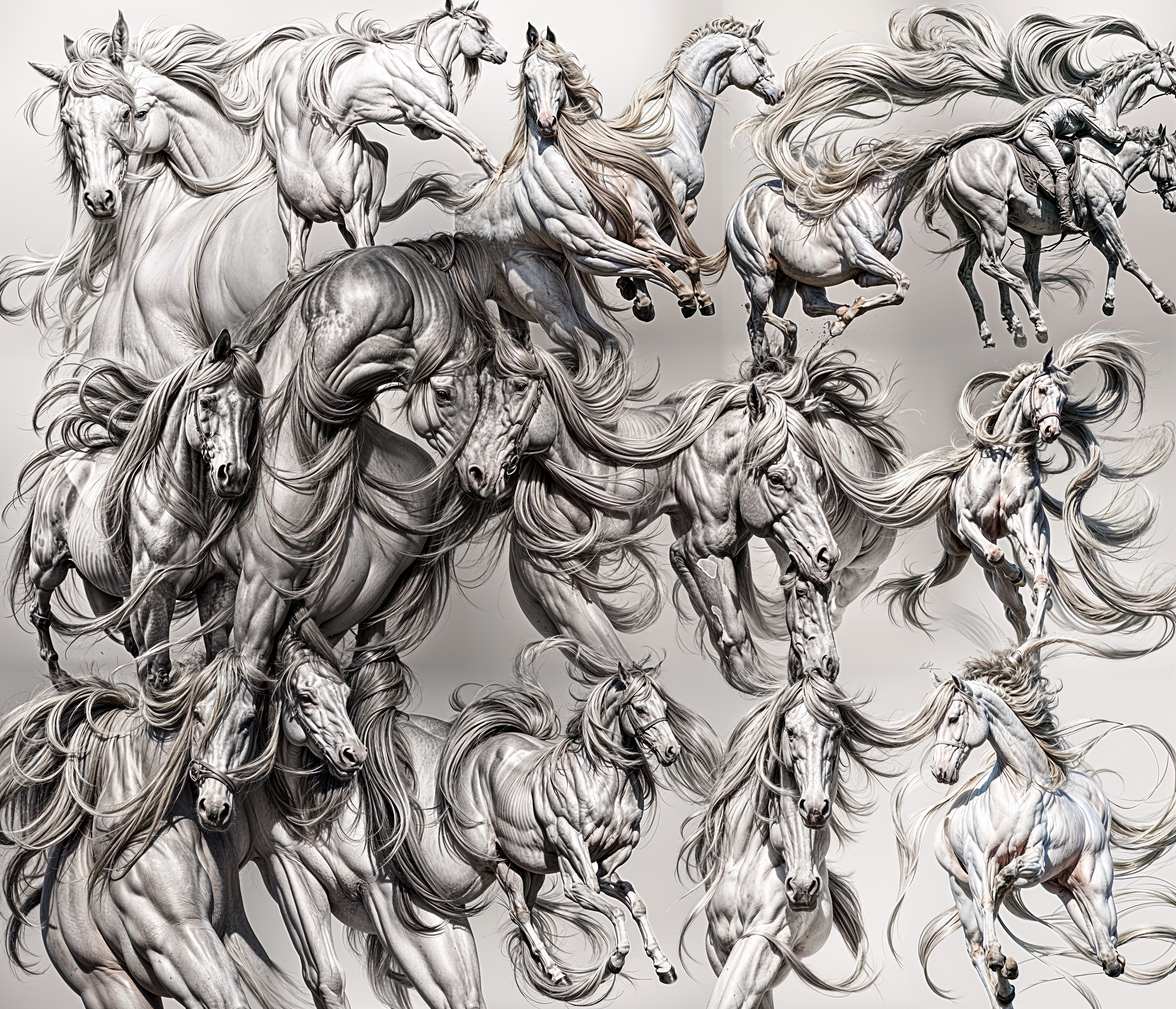 Collage of Graceful White Horses in Motion