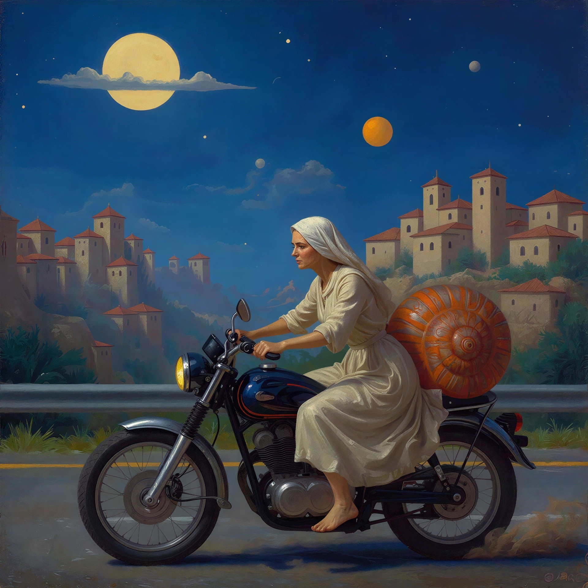 Surrealist painting of a woman on a motorcycle with snail shell