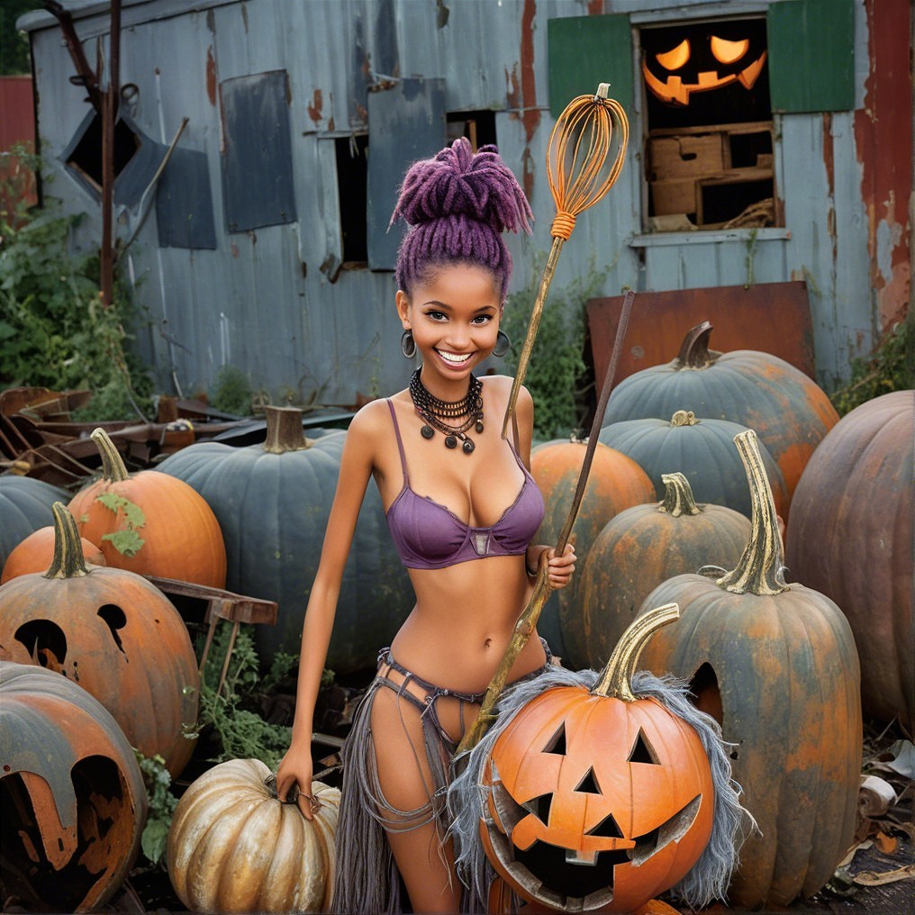 Young Woman in Dreadlocks Among Pumpkins and Autumn Colors