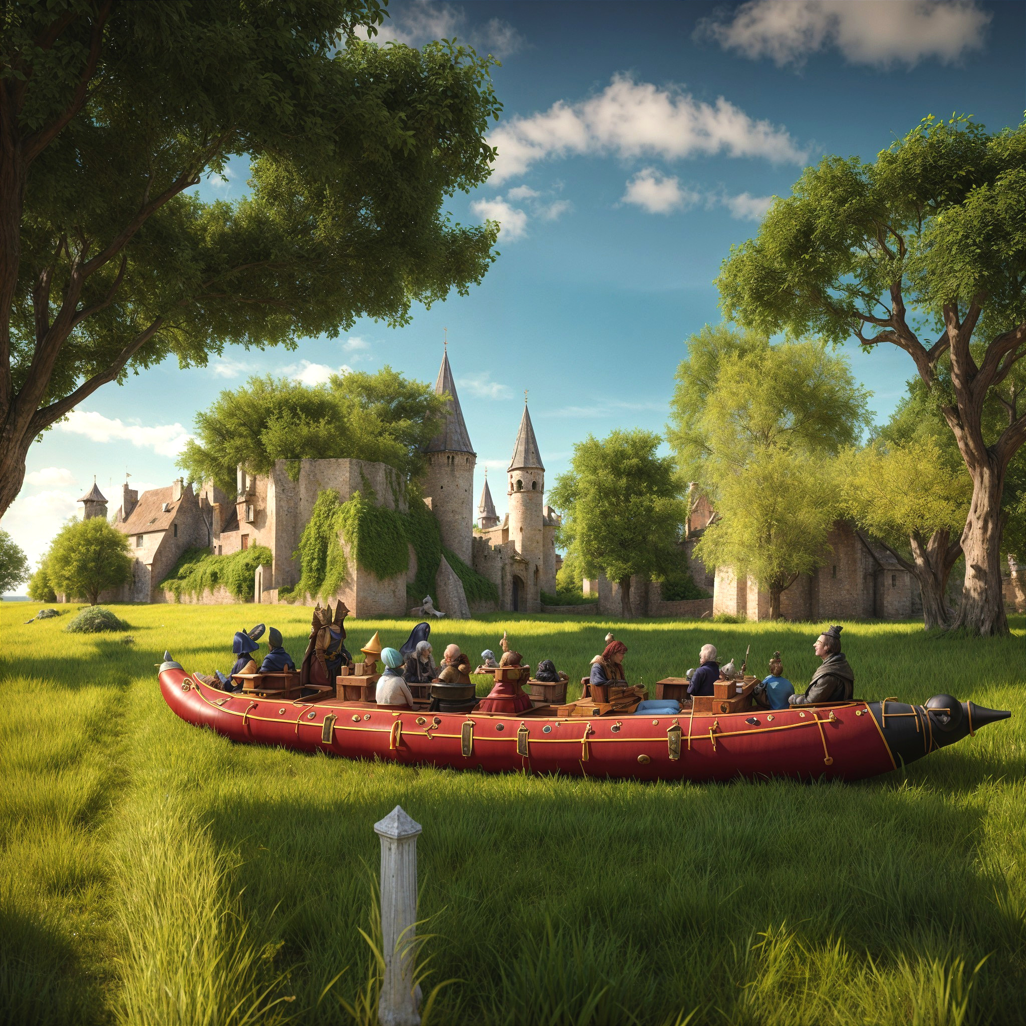 Vibrant Red Boat on Green Lawn Near Medieval Castle