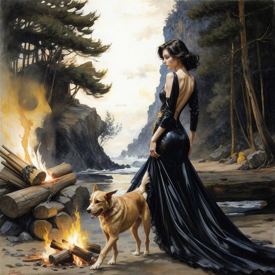 Woman in Black Dress on Beach with Dog and Campfire