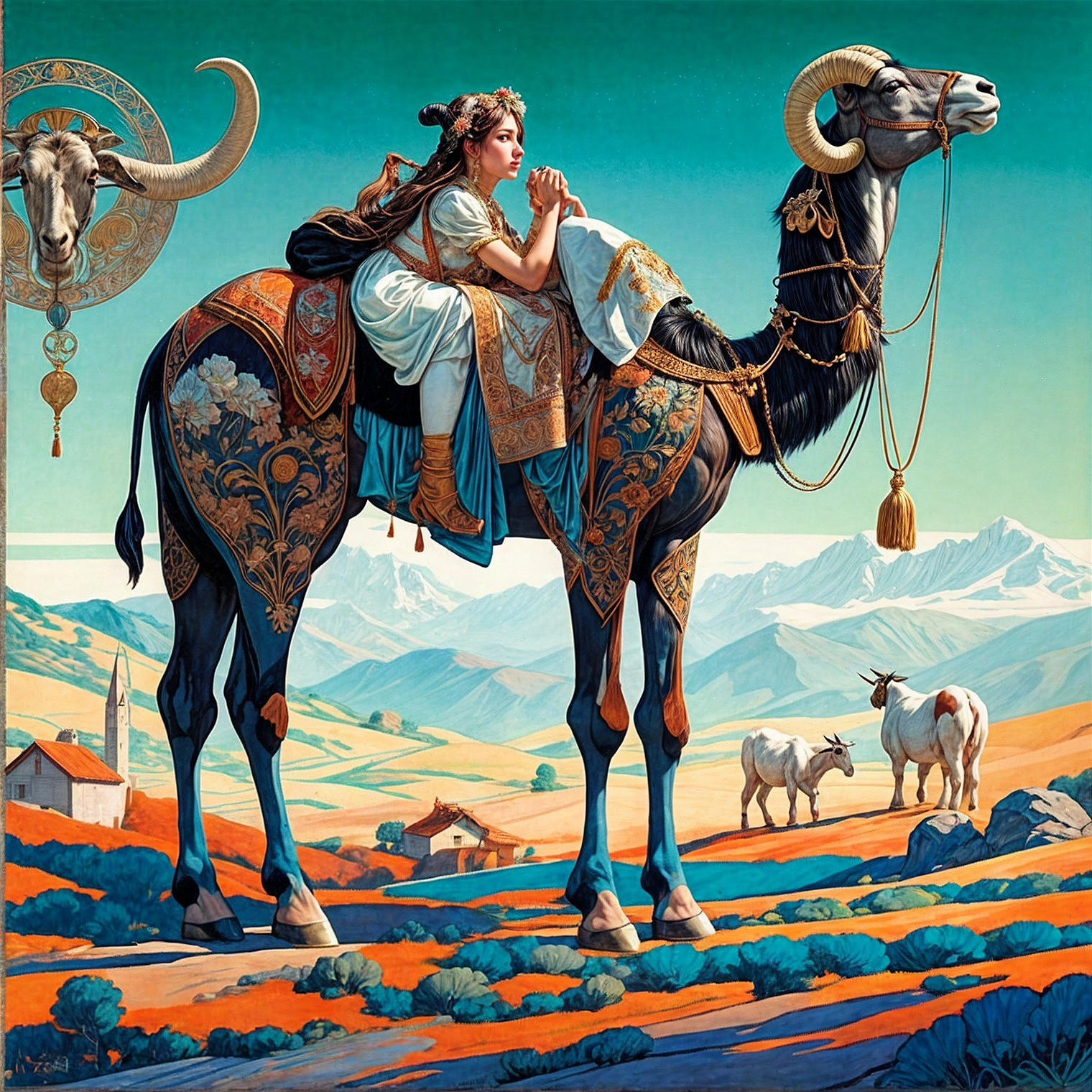 Young Woman on Ornate Camel in Fantastical Landscape