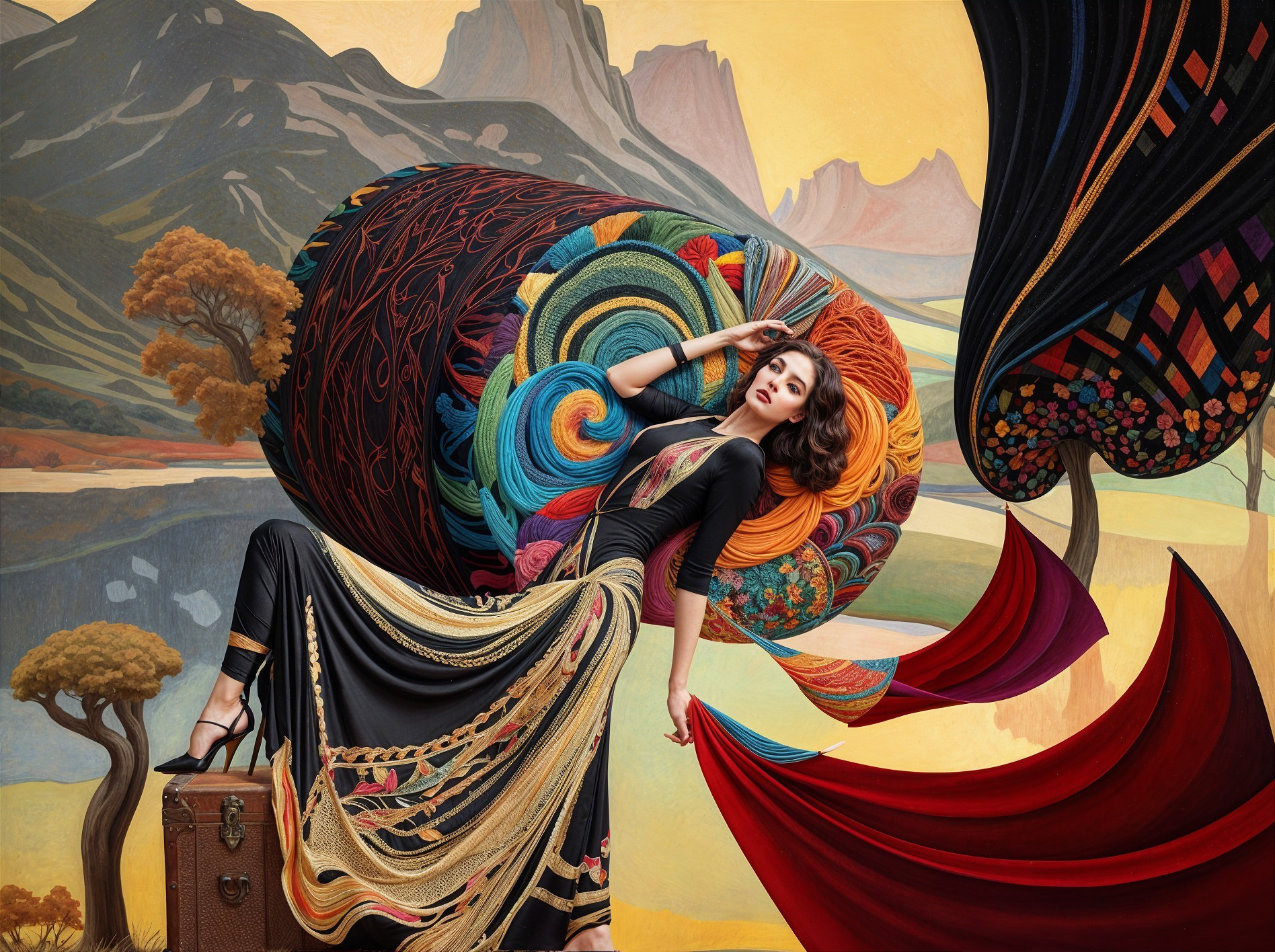 Woman in Ornate Black Dress with Colorful Patterns