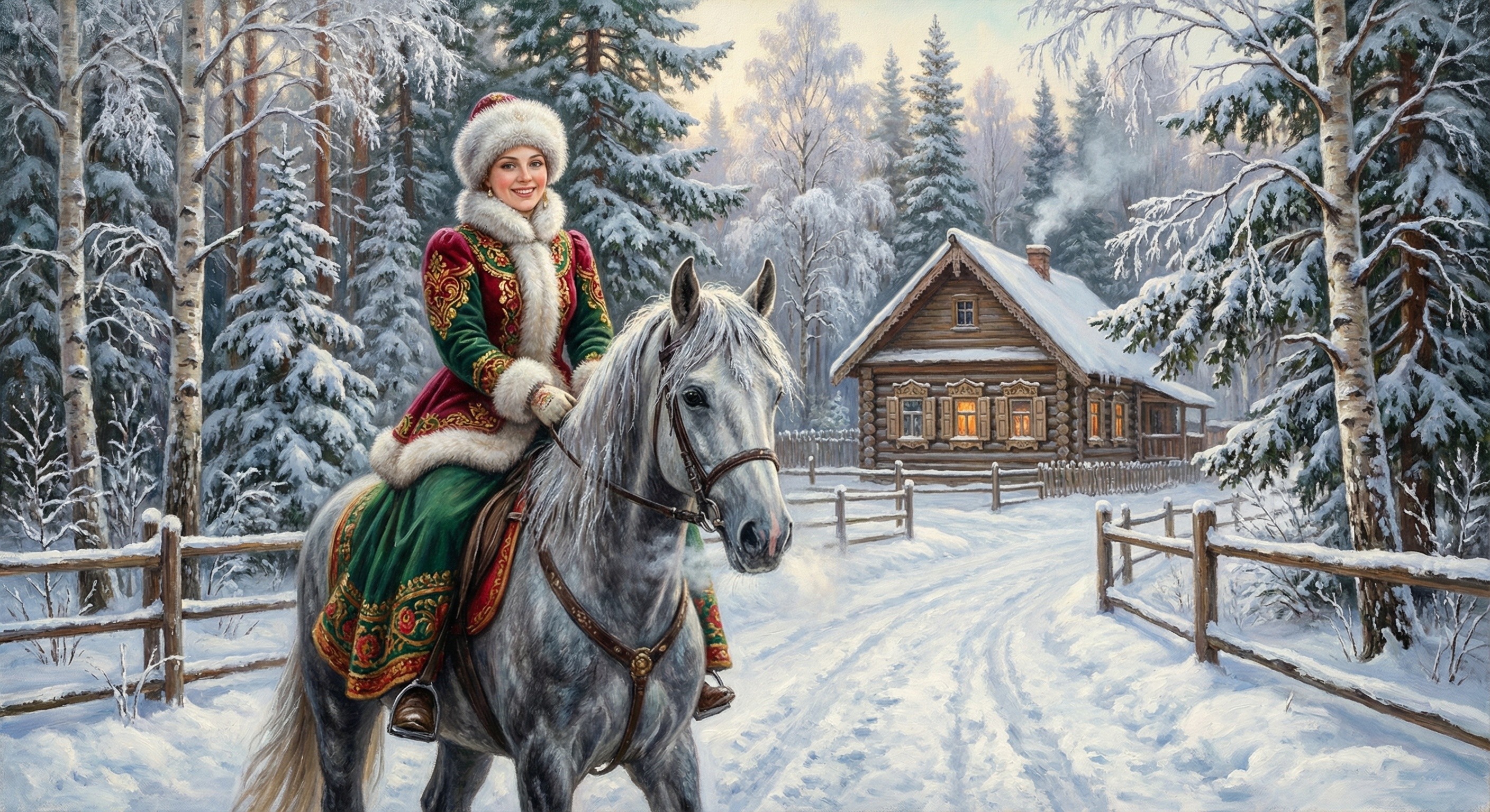 a winter landscape with snow-covered trees and a gray sky.