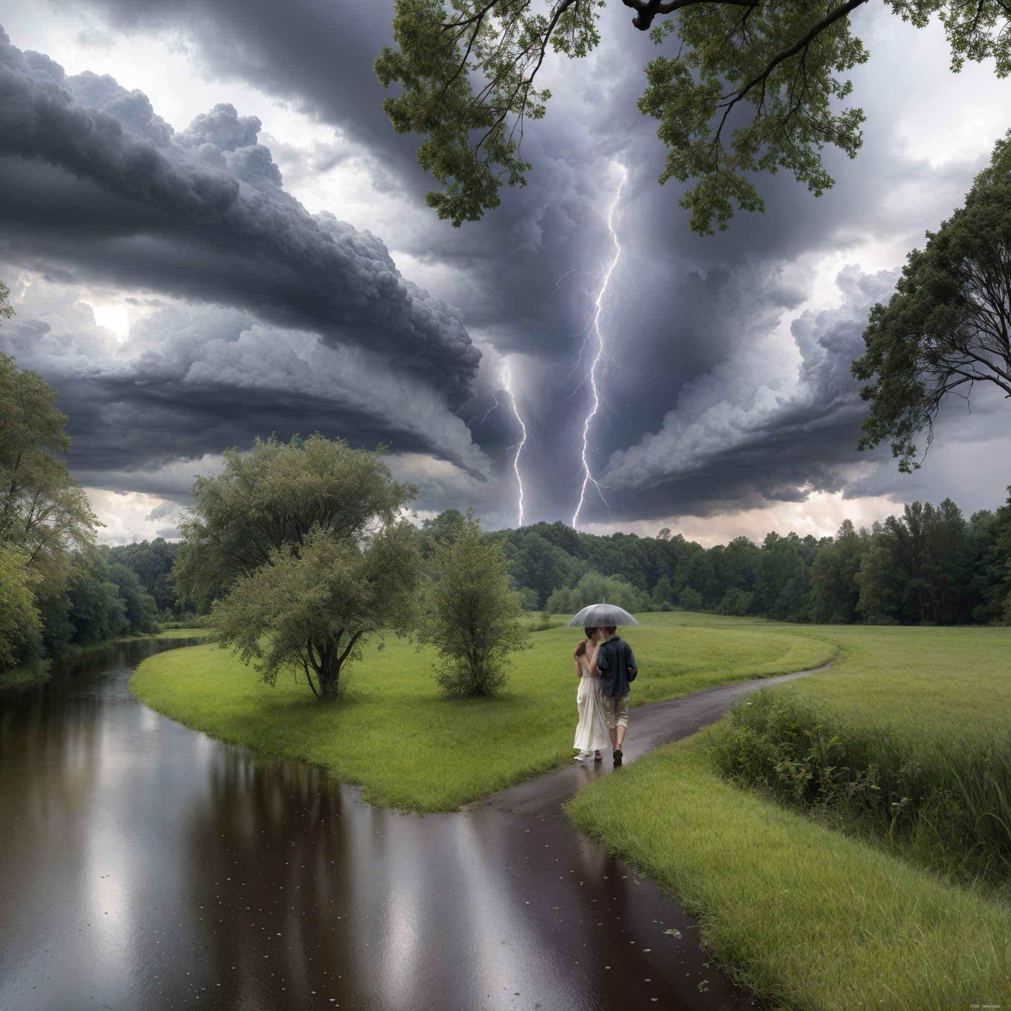 Couple Walking by River Under Stormy Sky
