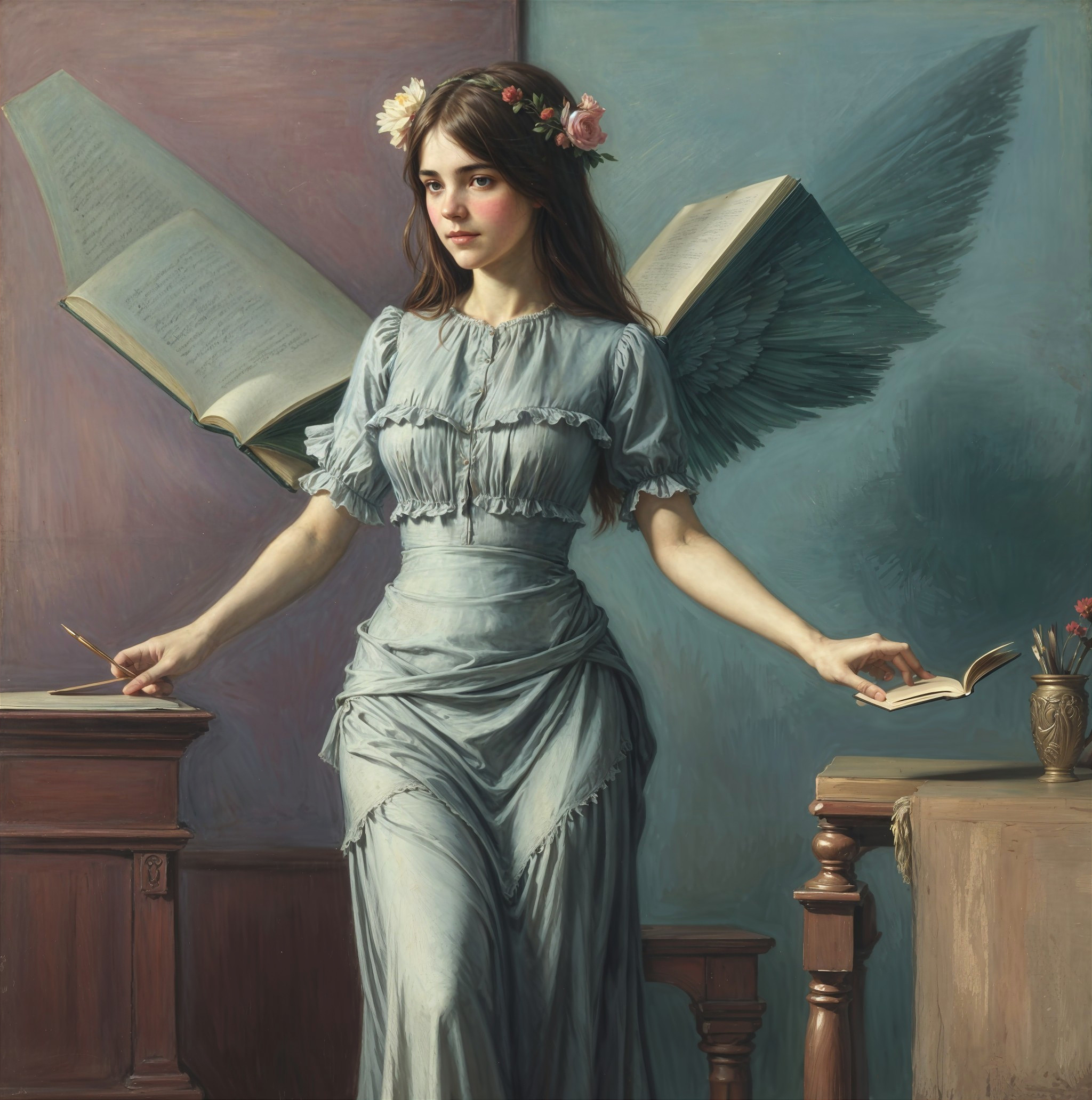 Serene Woman with Floral Hair Surrounded by Books