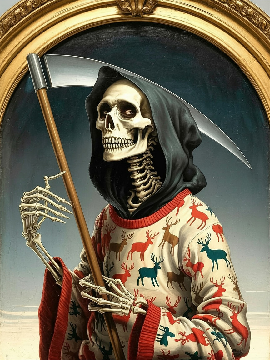 Oil Painting of Grim Reaper in Holiday Sweater