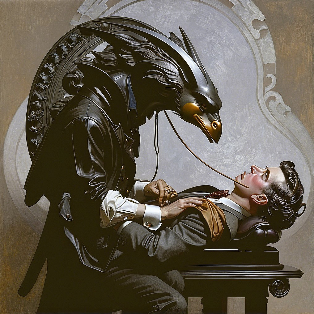 Man in Chair with Mythical Bird-Headed Creature