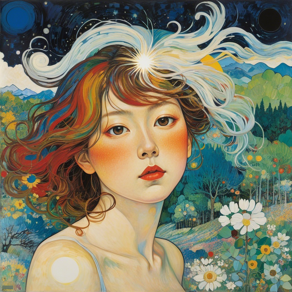 Young Woman in Colorful Landscape with Starry Sky