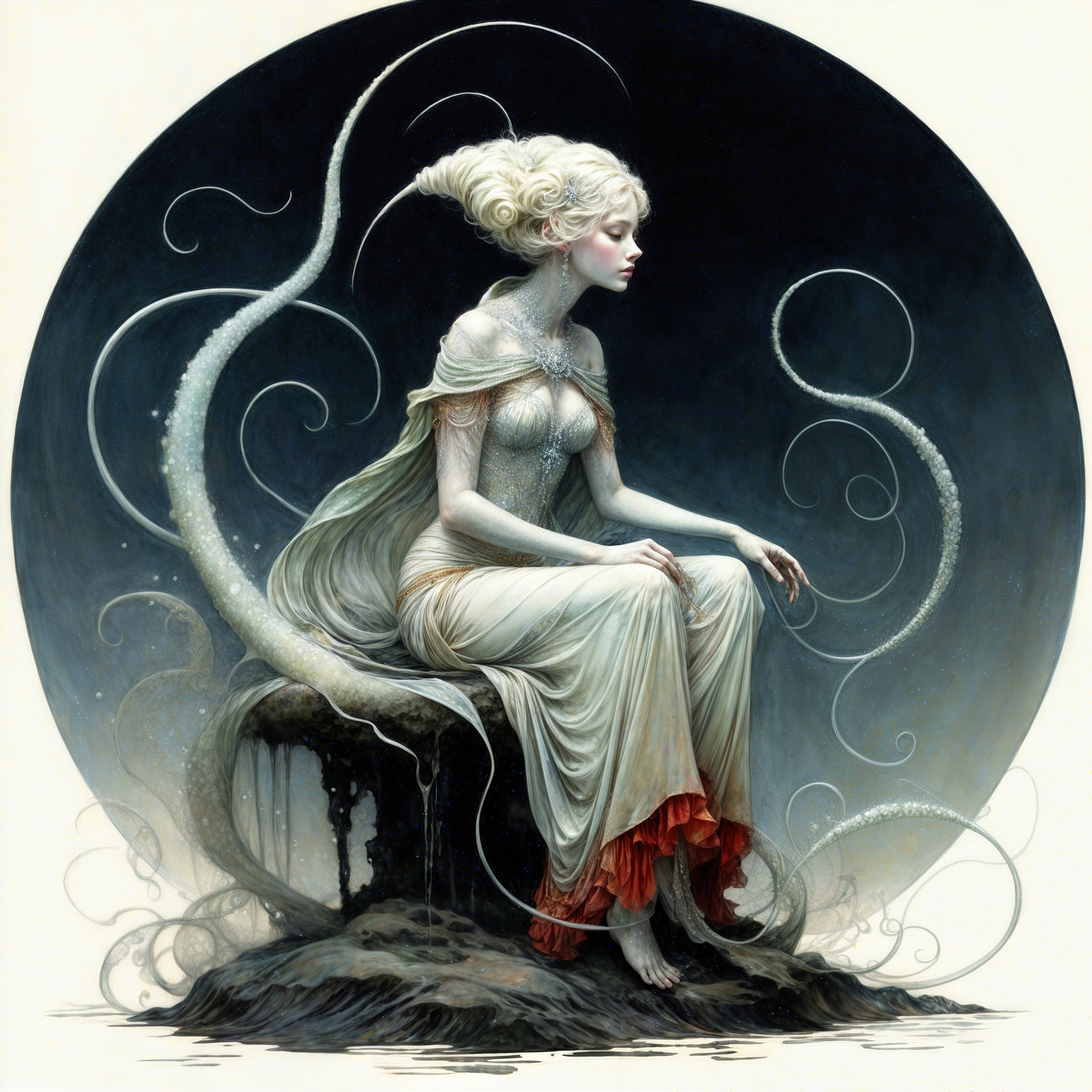 Ethereal Figure on Rocky Outcrop with Surreal Elements