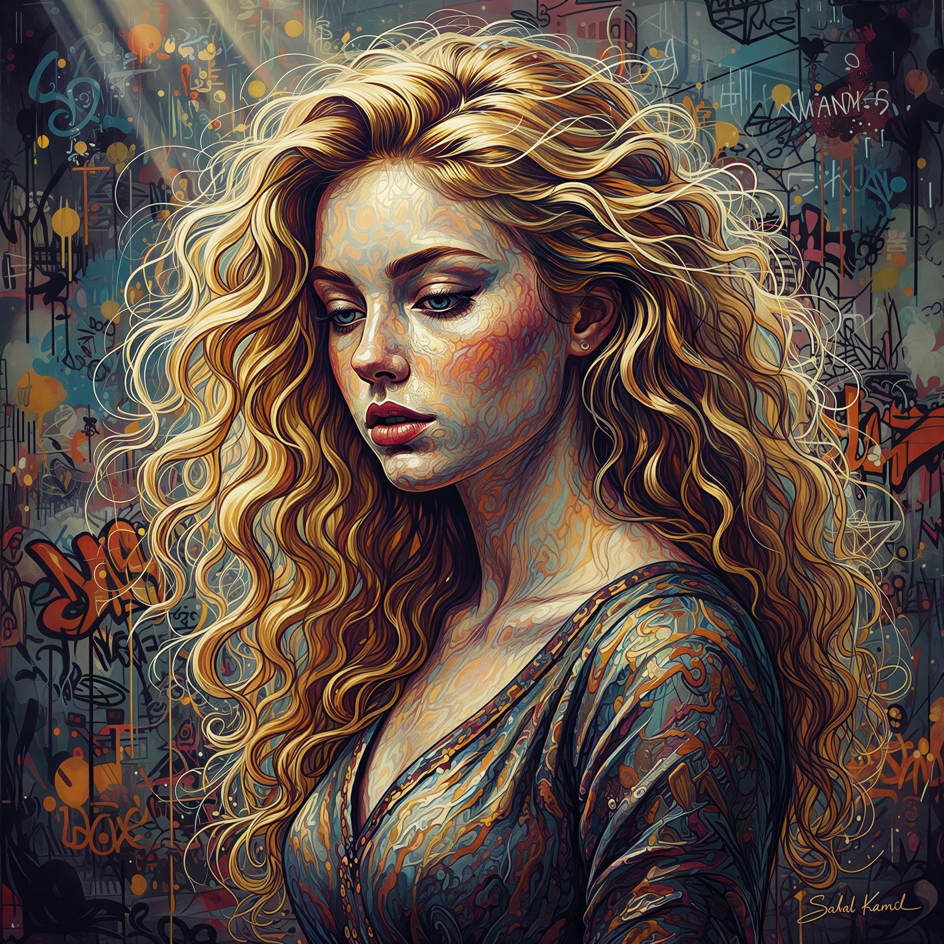Intricate Digital Painting of Woman with Graffiti Background