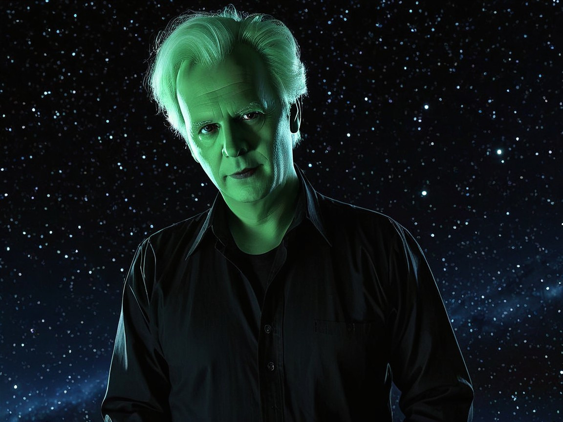 Figure in Dark Shirt Against Starry Cosmic Background