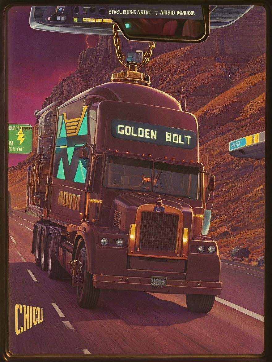 Futuristic truck with geometric designs on desert highway