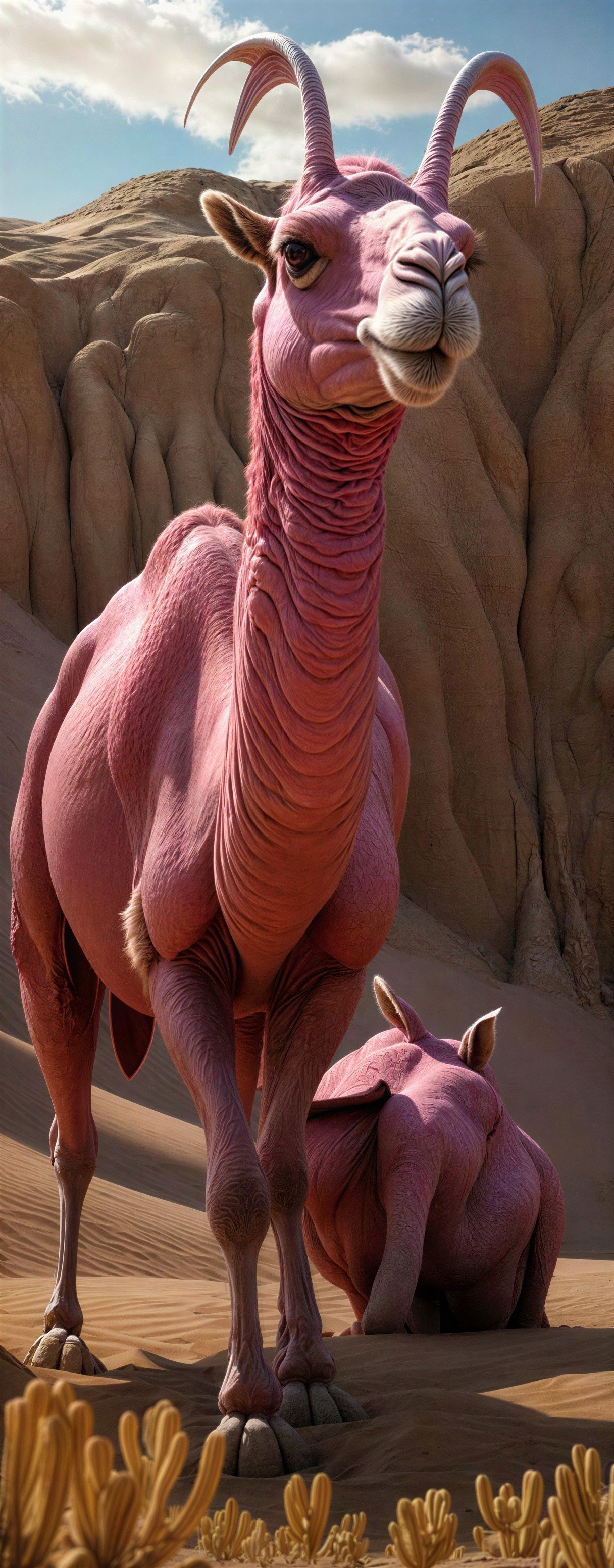 Pink Desert Creatures in a Sandy Landscape