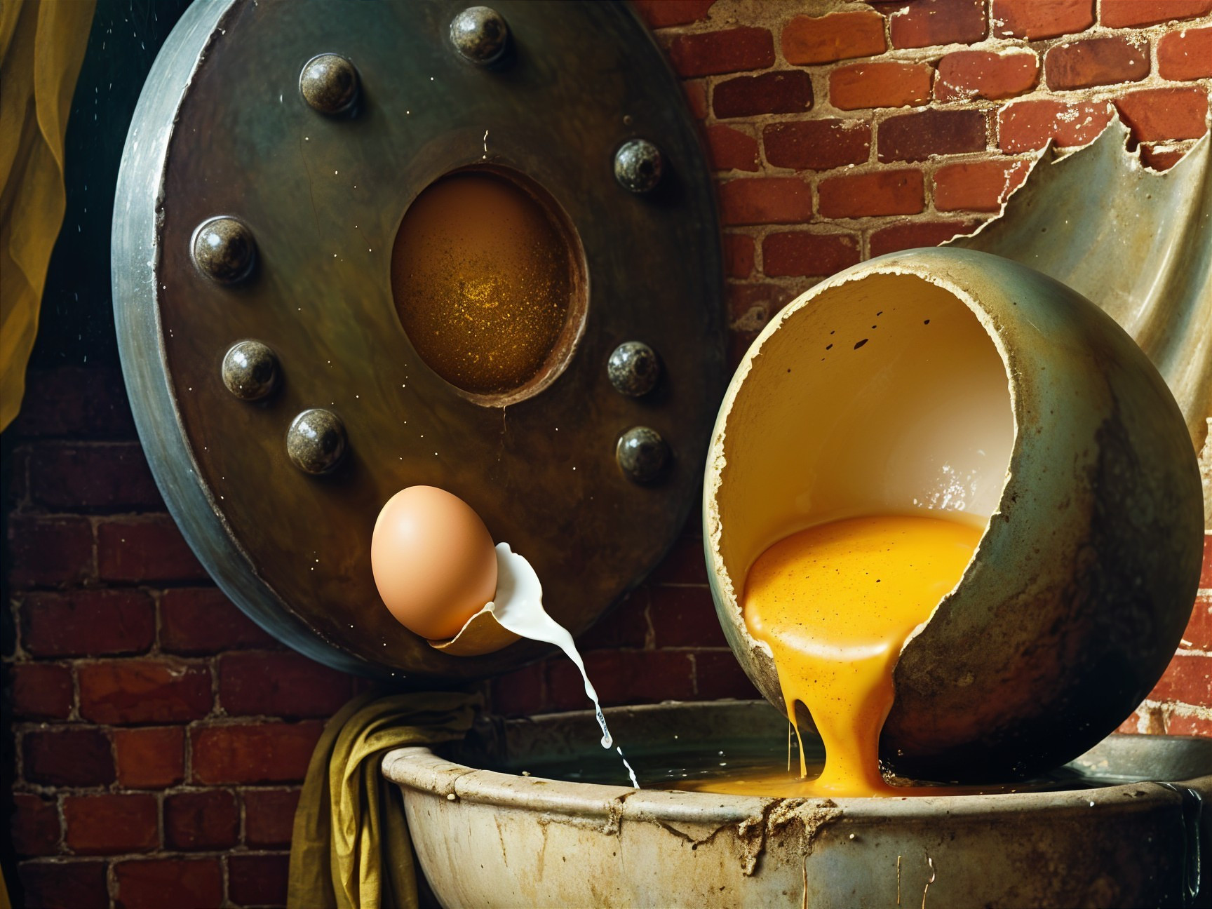 Surreal Scene of Cracked Egg in Metallic Bowl