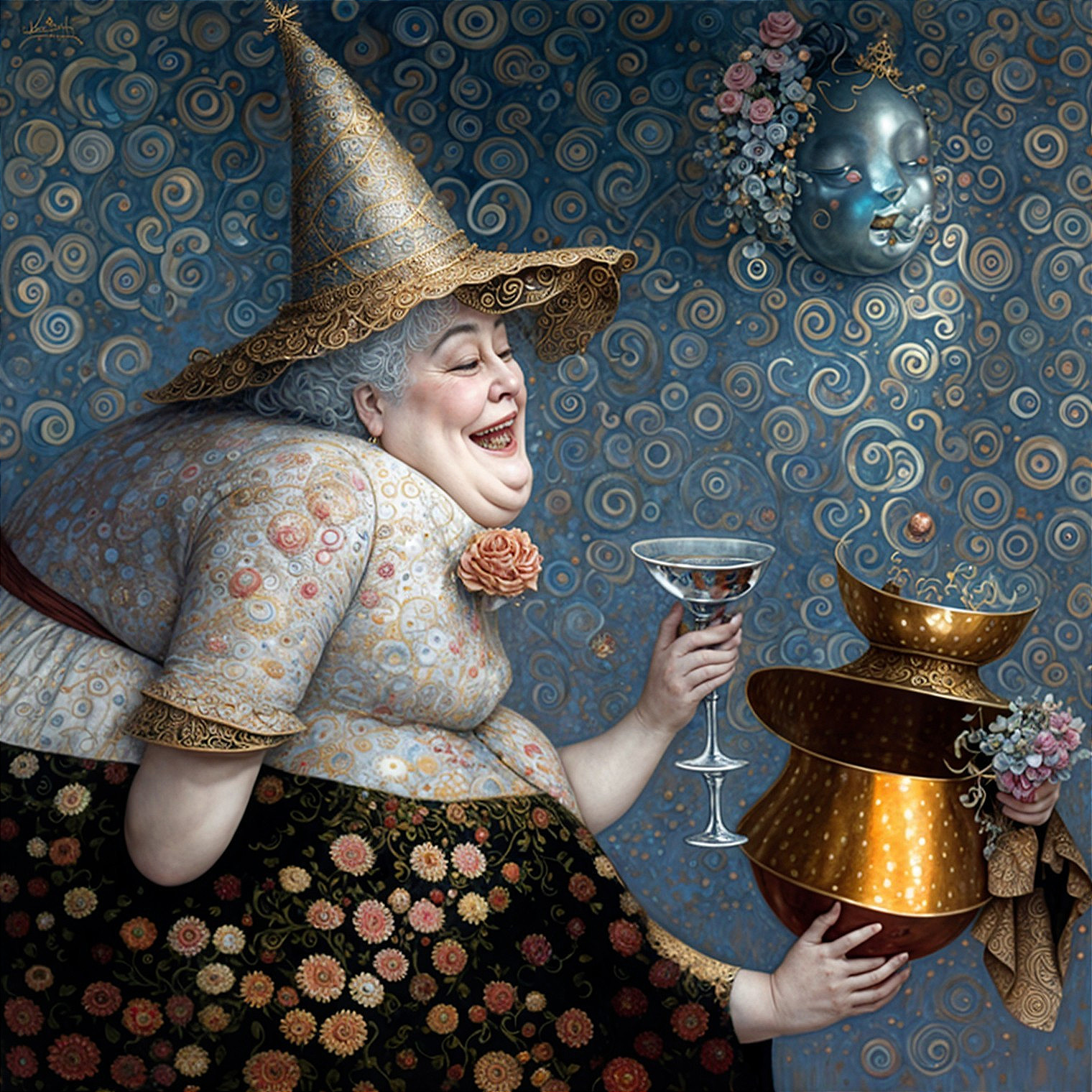 Whimsical Scene of a Cheerful Woman in Floral Dress