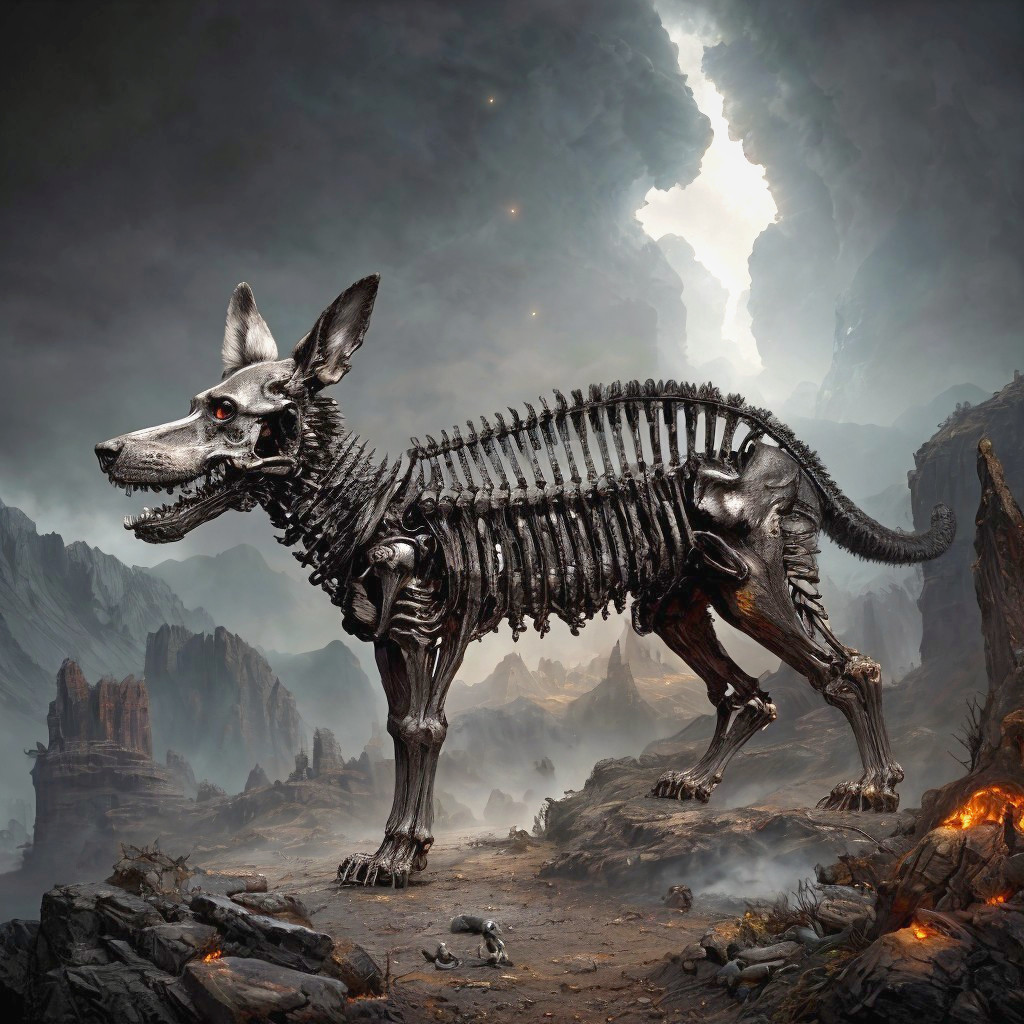 Colossal Skeletal Dog in Eerie Rocky Landscape