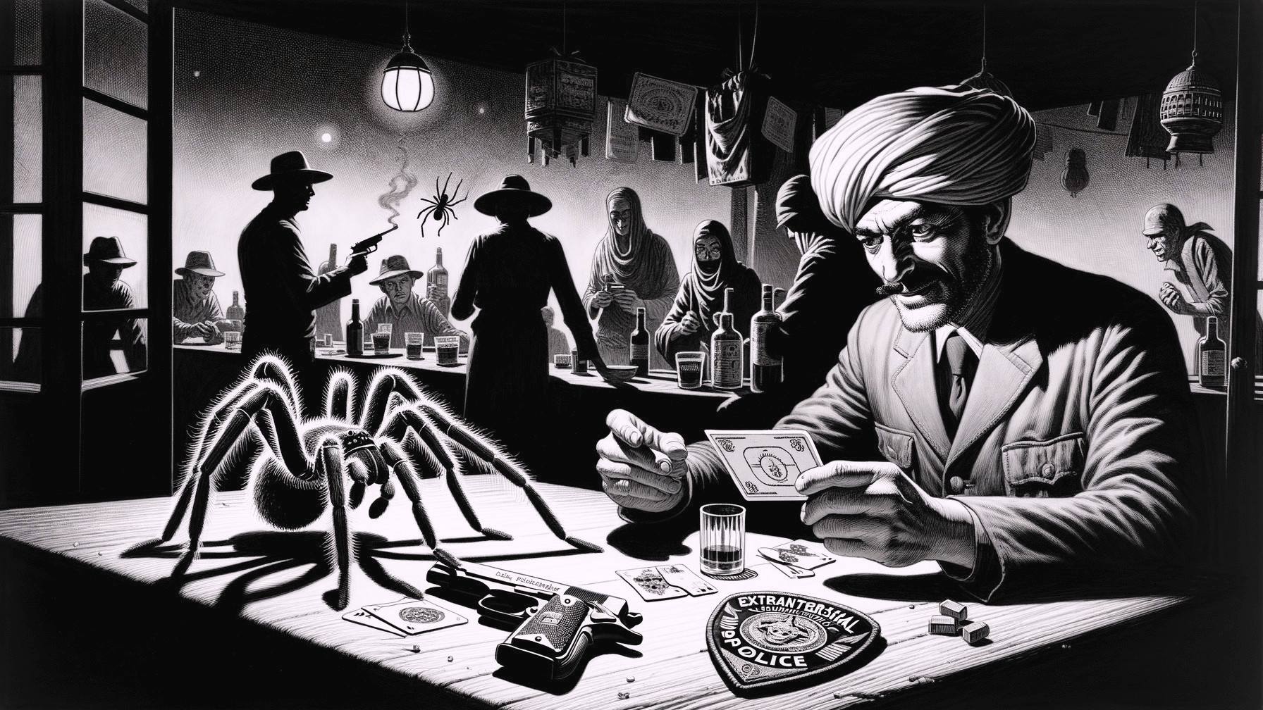 Serious Man in Turban at Dim Tavern with Playing Card