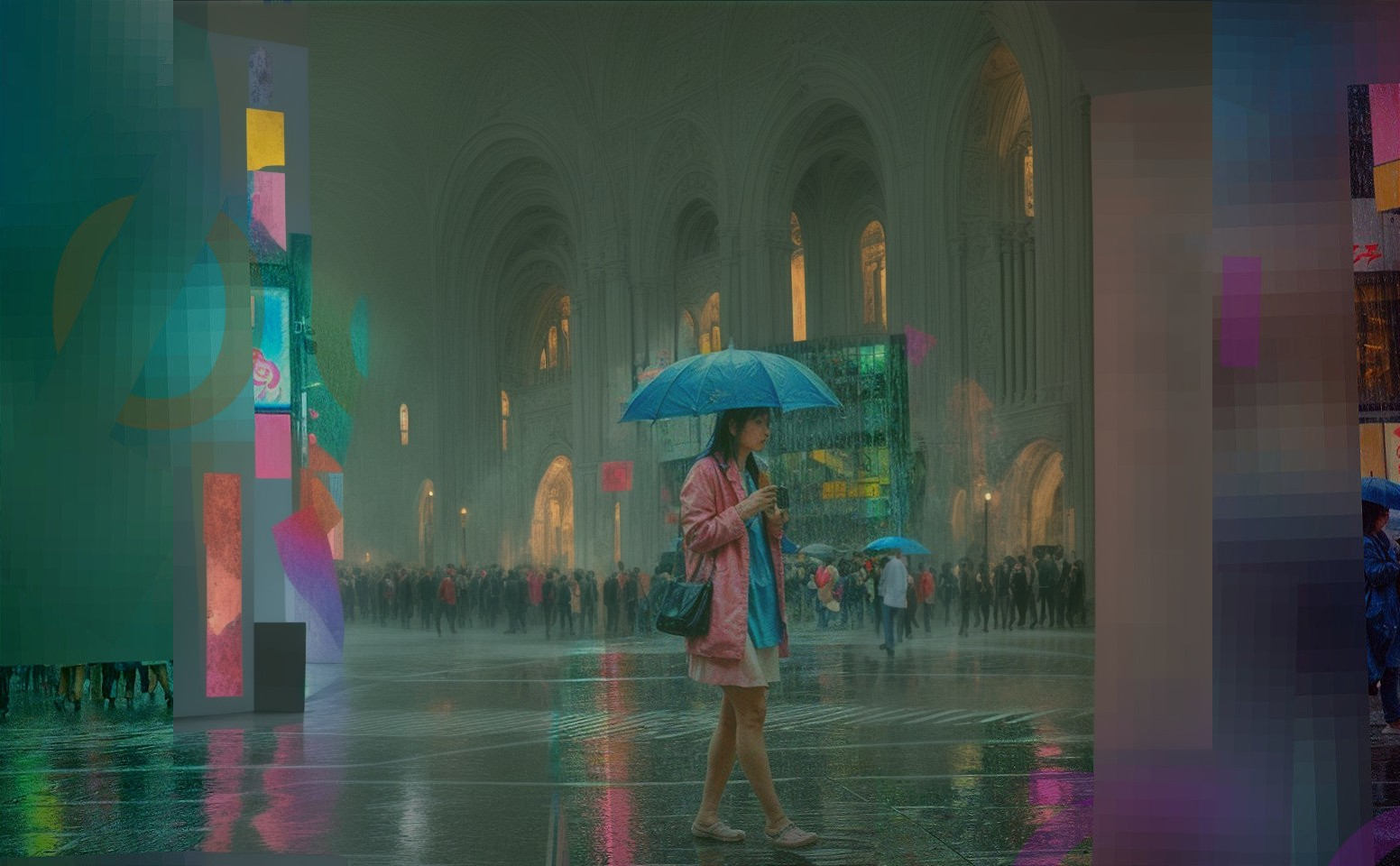 Woman in Pink Raincoat Under Blue Umbrella in Rain