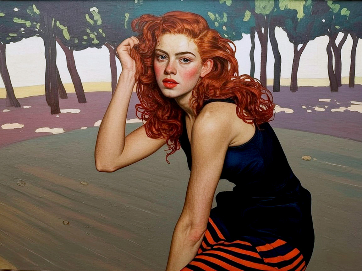Red-haired woman in park with bold graphic style