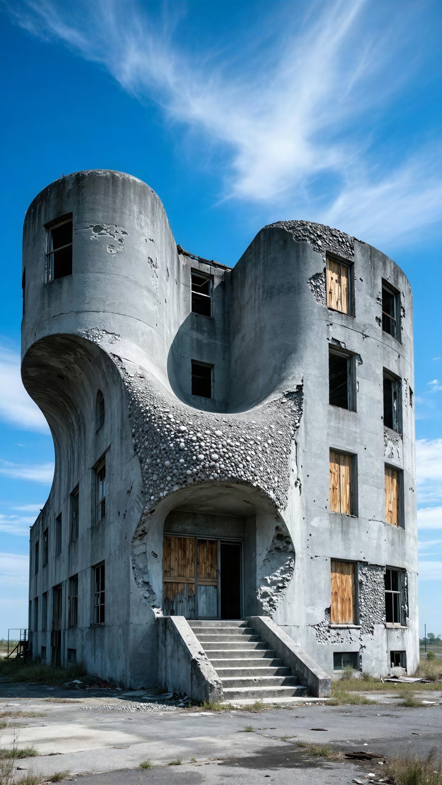 Abandoned Concrete Building with Wavy Facade and Stairs