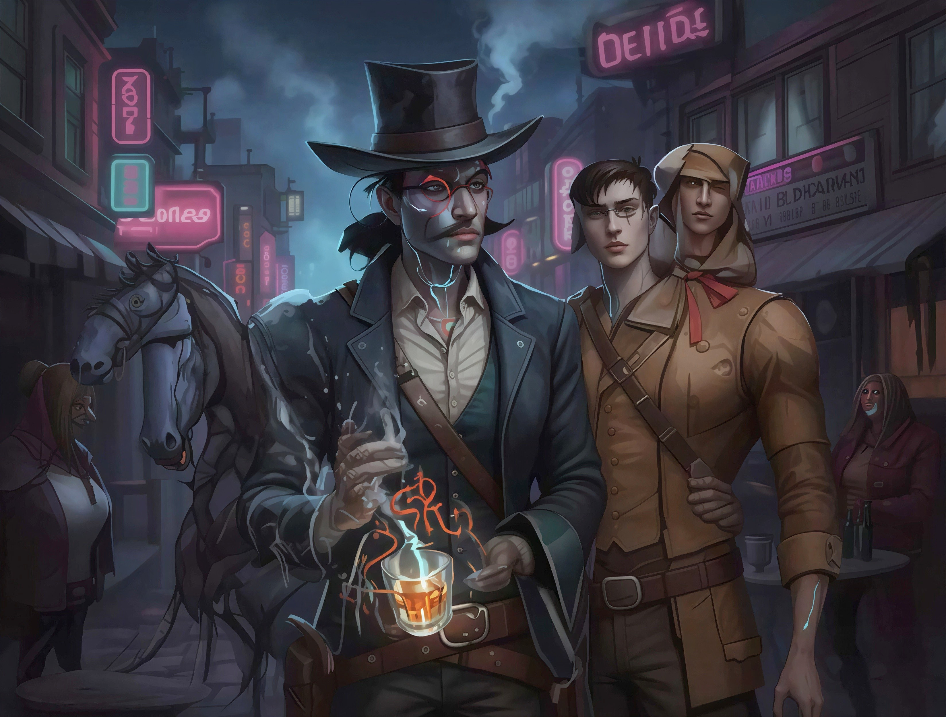 Digital painting of men in a neon-lit alley scene