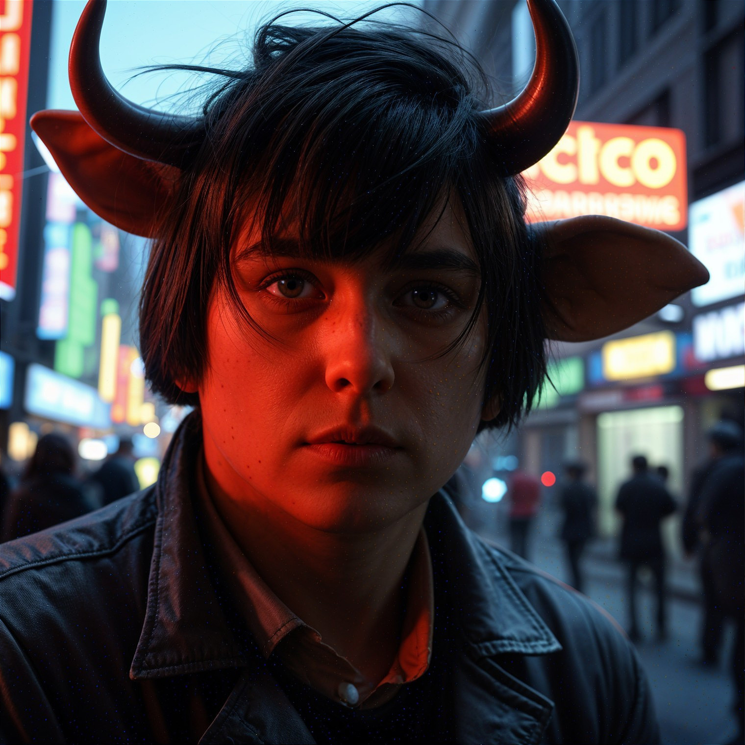 Young person with horns in a neon-lit city at night